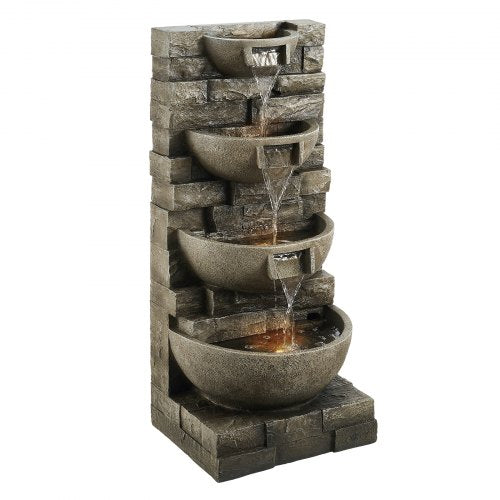 Outdoor Water Fountain, 35.63 in Height Fountain and Waterfall, 4-Tier Floor Standing Cascading Fountains with LED Light and Pump, Block Stack Style, for Outdoor Indoor Garden, Patio & Backyard