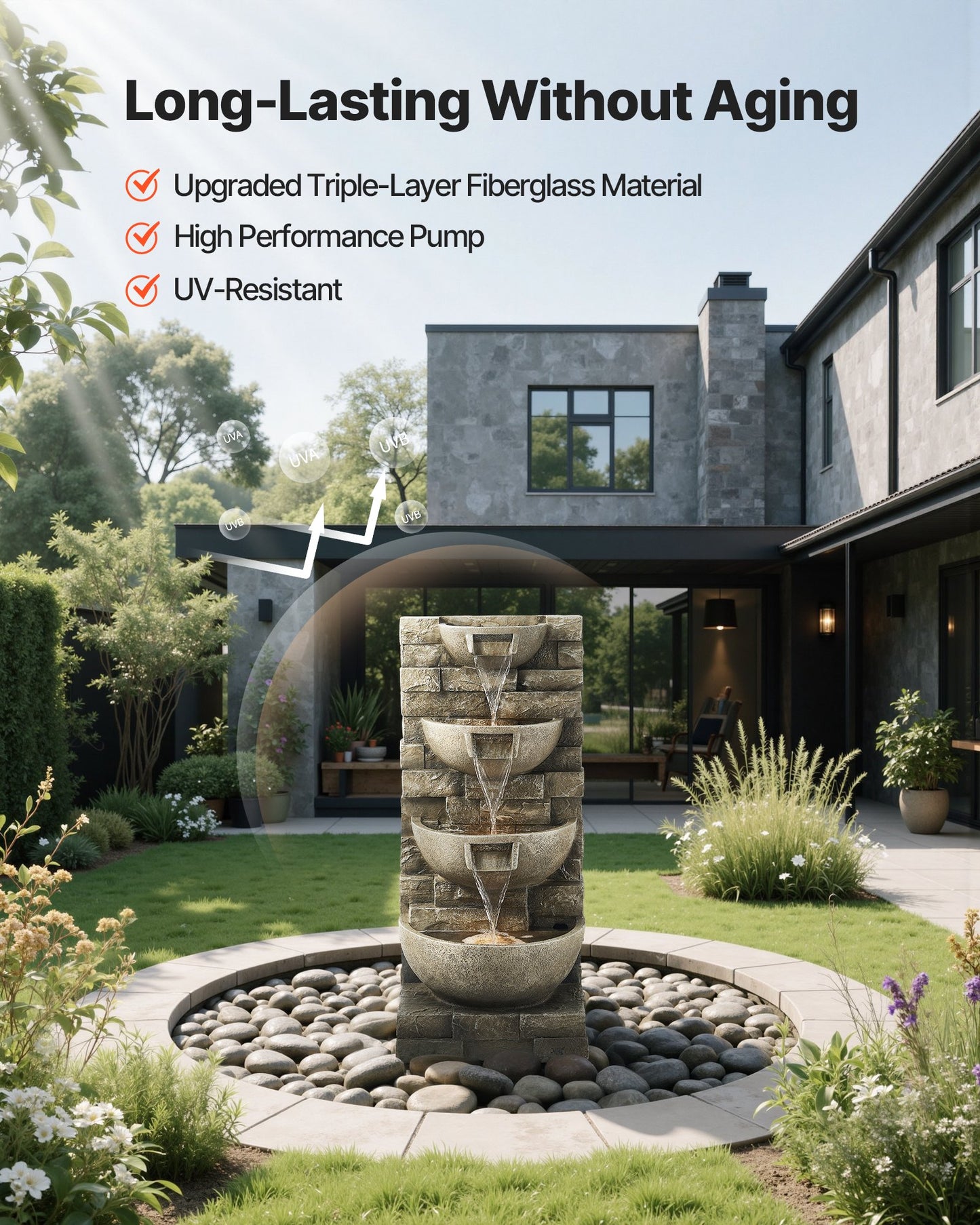 Outdoor Water Fountain, 35.63 in Height Fountain and Waterfall, 4-Tier Floor Standing Cascading Fountains with LED Light and Pump, Block Stack Style, for Outdoor Indoor Garden, Patio & Backyard