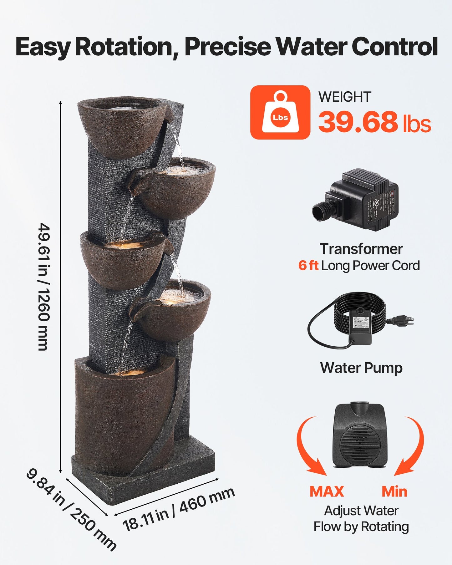 Outdoor Water Fountain, 49.61 in Height Fountain and Waterfall, 5-Tier Floor Standing Jar-Shaped Cascading Fountains with LED Light and Pump, for Outdoor Indoor Garden, Home, Patio & Backyard