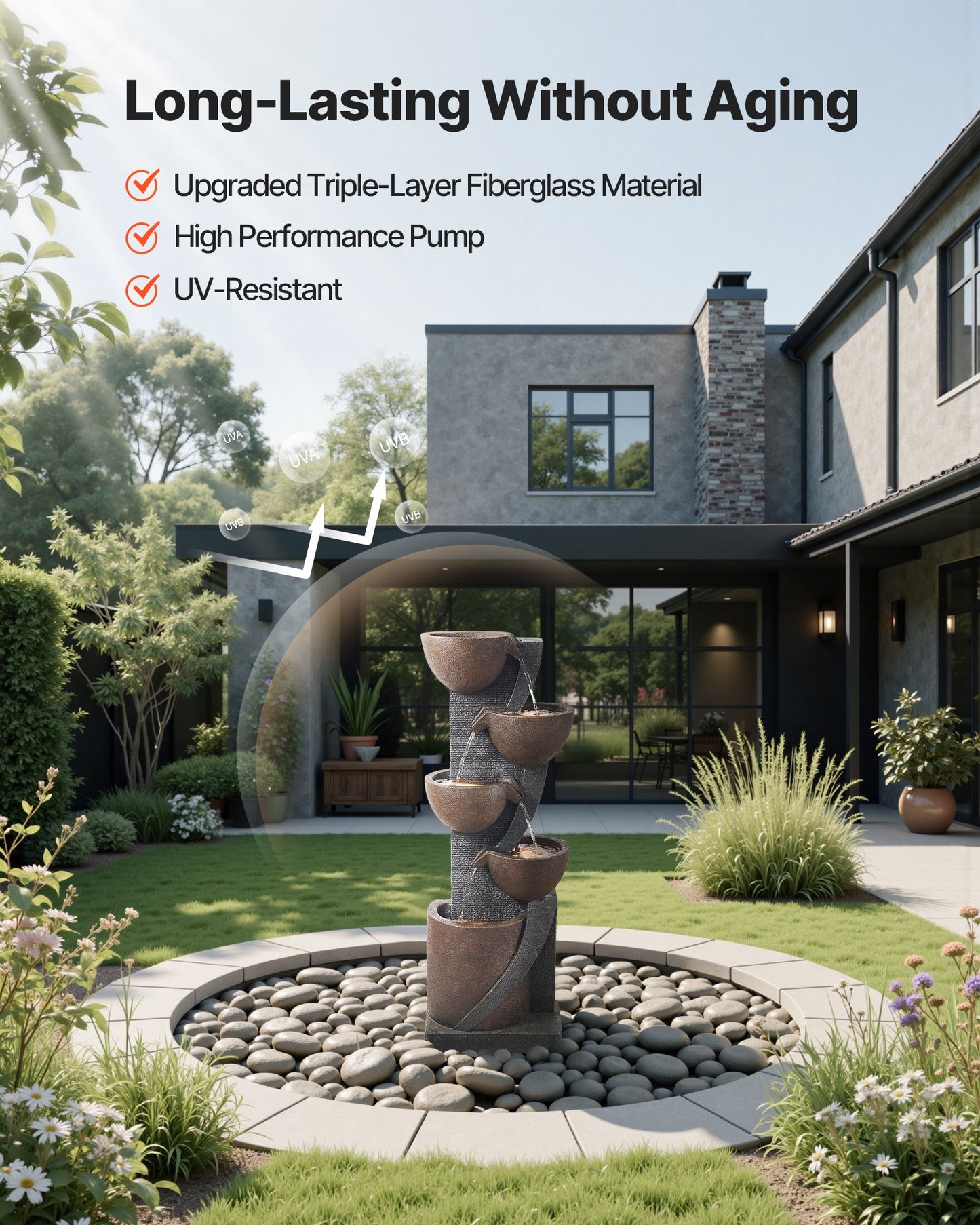 Outdoor Water Fountain, 49.61 in Height Fountain and Waterfall, 5-Tier Floor Standing Jar-Shaped Cascading Fountains with LED Light and Pump, for Outdoor Indoor Garden, Home, Patio & Backyard