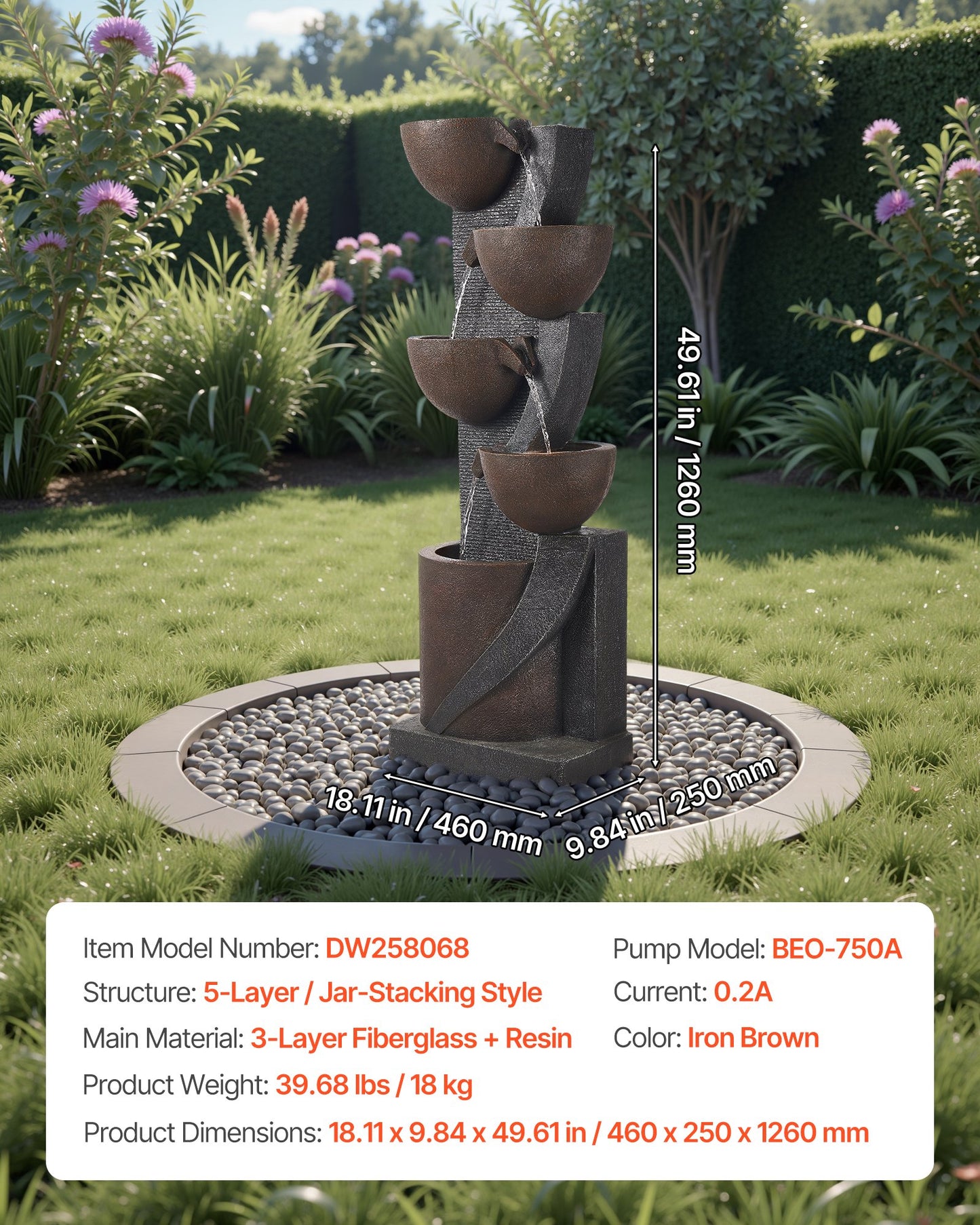 Outdoor Water Fountain, 49.61 in Height Fountain and Waterfall, 5-Tier Floor Standing Jar-Shaped Cascading Fountains with LED Light and Pump, for Outdoor Indoor Garden, Home, Patio & Backyard