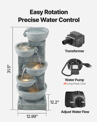 Outdoor Water Fountain, 31.5 in Height Fountain and Waterfall, 5-Tier Floor Standing Bowl-Shaped Cascading Fountains with LED Light and Pump, for Outdoor Indoor Garden, Home, Patio & Backyard