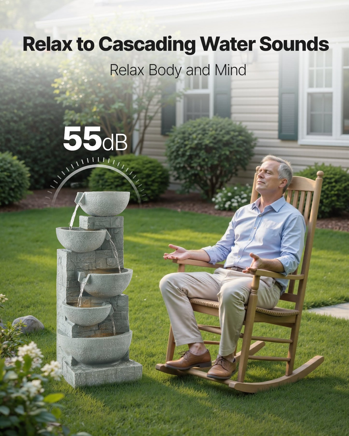 Outdoor Water Fountain, 31.5 in Height Fountain and Waterfall, 5-Tier Floor Standing Bowl-Shaped Cascading Fountains with LED Light and Pump, for Outdoor Indoor Garden, Home, Patio & Backyard