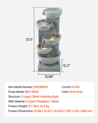 Outdoor Water Fountain, 31.5 in Height Fountain and Waterfall, 5-Tier Floor Standing Bowl-Shaped Cascading Fountains with LED Light and Pump, for Outdoor Indoor Garden, Home, Patio & Backyard