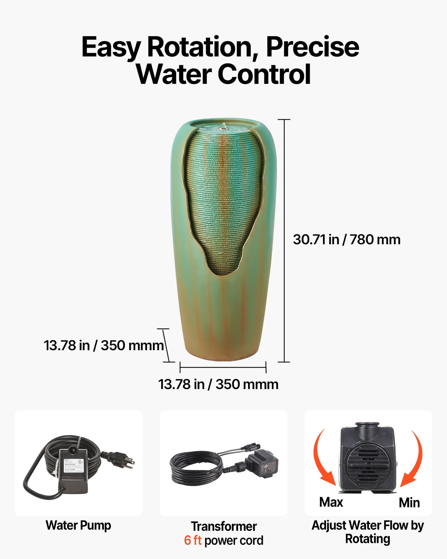 Outdoor Water Fountain, 30.71 in Height Fountain and Waterfall, 1-Tier Floor Standing Glazed Jar Style Fountains with LED Light and Pump, for Outdoor Indoor Garden, Home, Patio & Yard (Green)