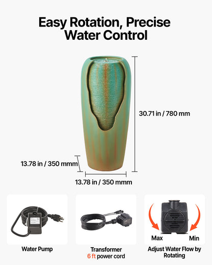 Outdoor Water Fountain, 30.71 in Height Fountain and Waterfall, 1-Tier Floor Standing Glazed Jar Style Fountains with LED Light and Pump, for Outdoor Indoor Garden, Home, Patio & Yard (Green)