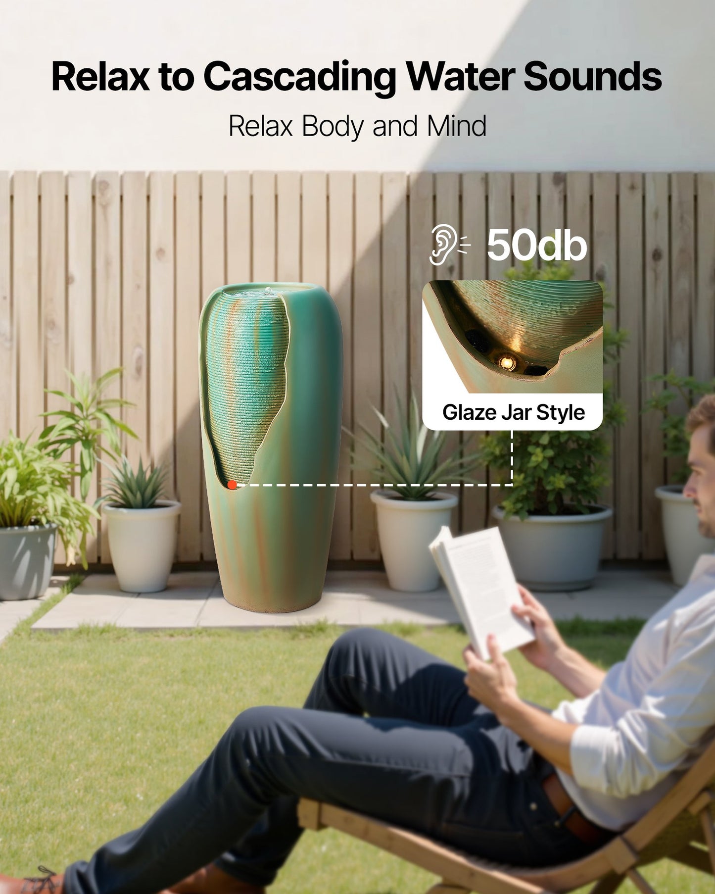 Outdoor Water Fountain, 30.71 in Height Fountain and Waterfall, 1-Tier Floor Standing Glazed Jar Style Fountains with LED Light and Pump, for Outdoor Indoor Garden, Home, Patio & Yard (Green)