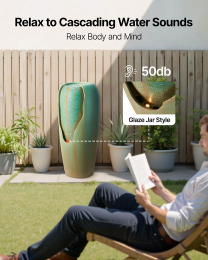 Outdoor Water Fountain, 30.71 in Height Fountain and Waterfall, 1-Tier Floor Standing Glazed Jar Style Fountains with LED Light and Pump, for Outdoor Indoor Garden, Home, Patio & Yard (Green)