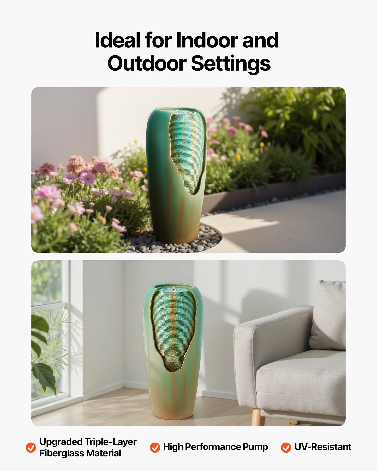 Outdoor Water Fountain, 30.71 in Height Fountain and Waterfall, 1-Tier Floor Standing Glazed Jar Style Fountains with LED Light and Pump, for Outdoor Indoor Garden, Home, Patio & Yard (Green)