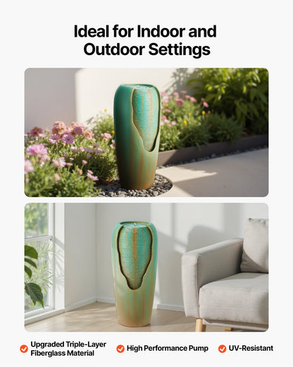 Outdoor Water Fountain, 30.71 in Height Fountain and Waterfall, 1-Tier Floor Standing Glazed Jar Style Fountains with LED Light and Pump, for Outdoor Indoor Garden, Home, Patio & Yard (Green)