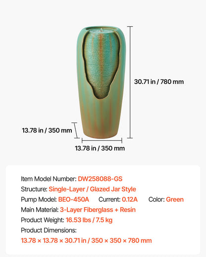 Outdoor Water Fountain, 30.71 in Height Fountain and Waterfall, 1-Tier Floor Standing Glazed Jar Style Fountains with LED Light and Pump, for Outdoor Indoor Garden, Home, Patio & Yard (Green)