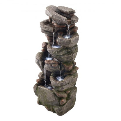 Outdoor Water Fountain, 38.98 in Height Fountain and Waterfall, 7-Tier Floor Standing Rock-Shaped Cascading Fountains with LED Light and Pump, for Outdoor Indoor Garden, Home, Patio & Backyard