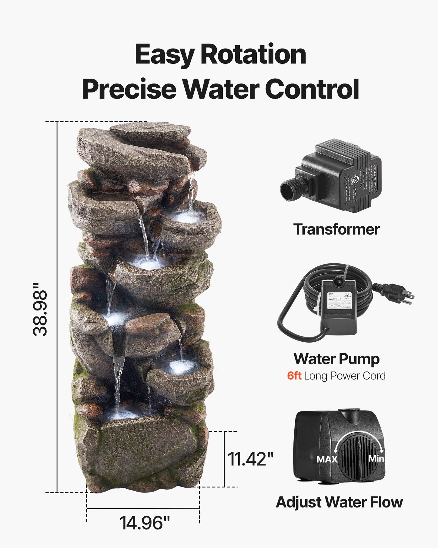 Outdoor Water Fountain, 38.98 in Height Fountain and Waterfall, 7-Tier Floor Standing Rock-Shaped Cascading Fountains with LED Light and Pump, for Outdoor Indoor Garden, Home, Patio & Backyard