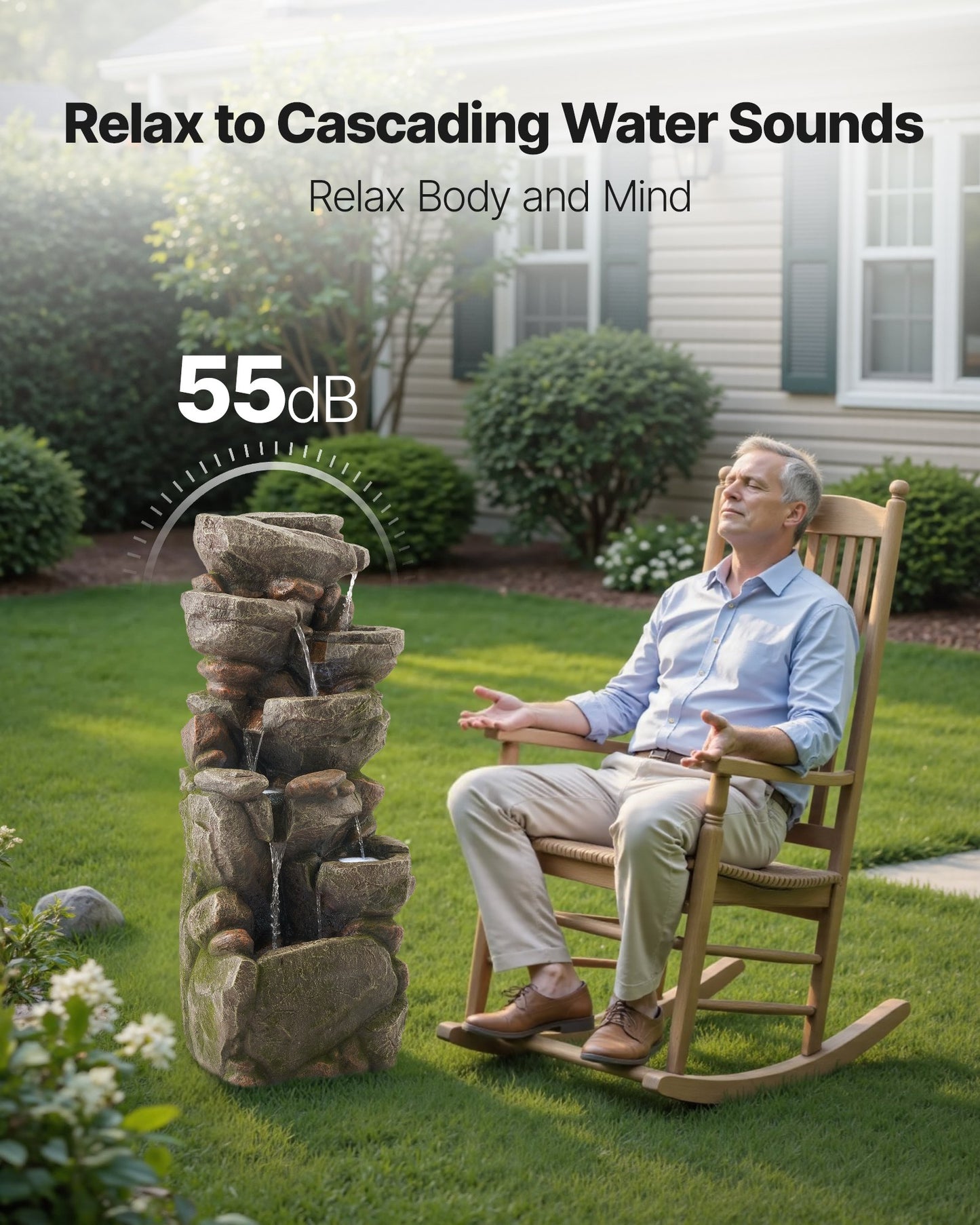 Outdoor Water Fountain, 38.98 in Height Fountain and Waterfall, 7-Tier Floor Standing Rock-Shaped Cascading Fountains with LED Light and Pump, for Outdoor Indoor Garden, Home, Patio & Backyard