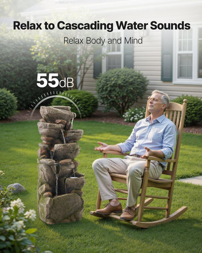Outdoor Water Fountain, 38.98 in Height Fountain and Waterfall, 7-Tier Floor Standing Rock-Shaped Cascading Fountains with LED Light and Pump, for Outdoor Indoor Garden, Home, Patio & Backyard
