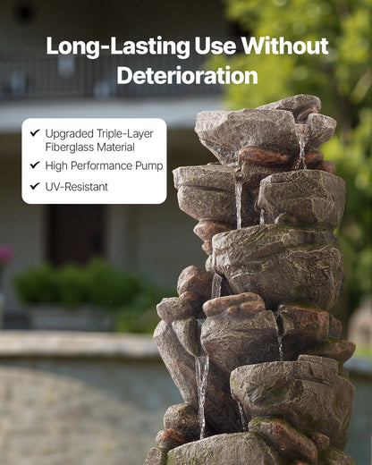 Outdoor Water Fountain, 38.98 in Height Fountain and Waterfall, 7-Tier Floor Standing Rock-Shaped Cascading Fountains with LED Light and Pump, for Outdoor Indoor Garden, Home, Patio & Backyard