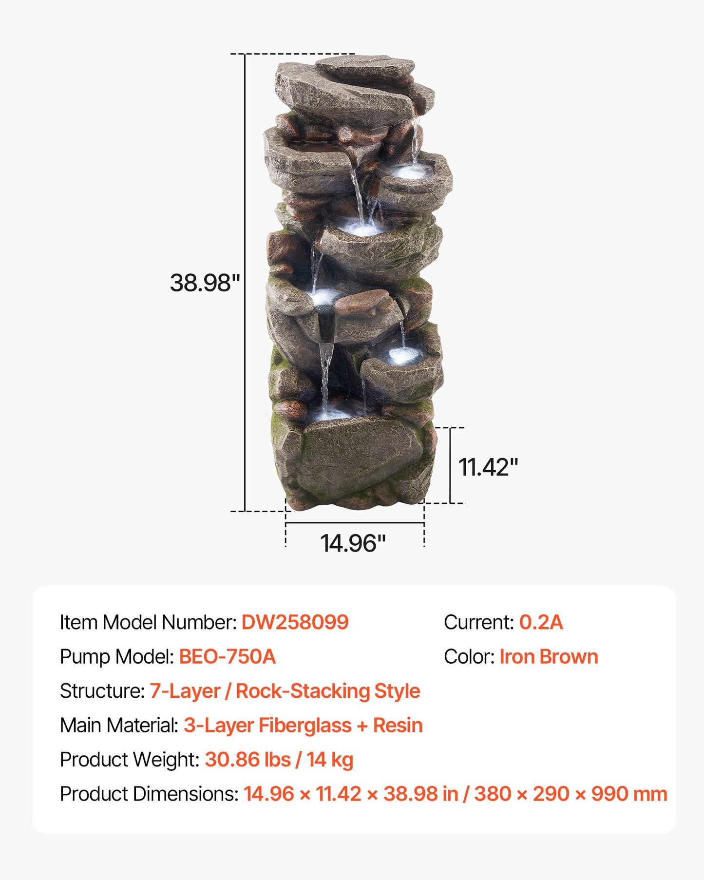 Outdoor Water Fountain, 38.98 in Height Fountain and Waterfall, 7-Tier Floor Standing Rock-Shaped Cascading Fountains with LED Light and Pump, for Outdoor Indoor Garden, Home, Patio & Backyard