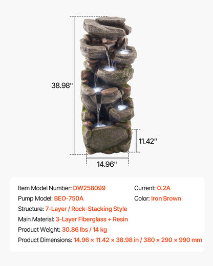 Outdoor Water Fountain, 38.98 in Height Fountain and Waterfall, 7-Tier Floor Standing Rock-Shaped Cascading Fountains with LED Light and Pump, for Outdoor Indoor Garden, Home, Patio & Backyard
