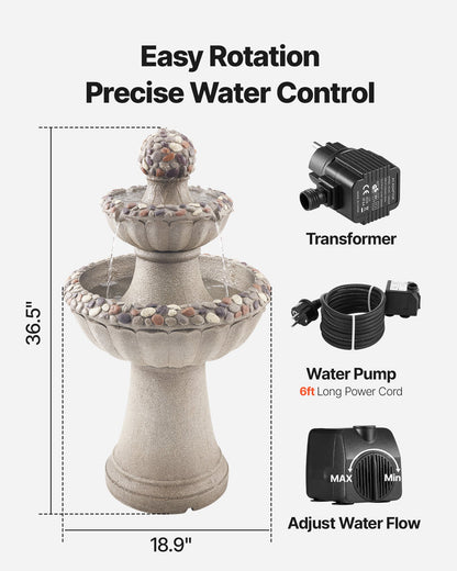 Outdoor Water Fountain, 36.5 in Height Fountain and Waterfall, 2-Tier Floor Standing Rock Base Style Fiberglass and Resin Fountains with Pump, for Outdoor Indoor Garden, Home, Patio & Backyard