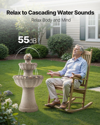 Outdoor Water Fountain, 36.5 in Height Fountain and Waterfall, 2-Tier Floor Standing Rock Base Style Fiberglass and Resin Fountains with Pump, for Outdoor Indoor Garden, Home, Patio & Backyard