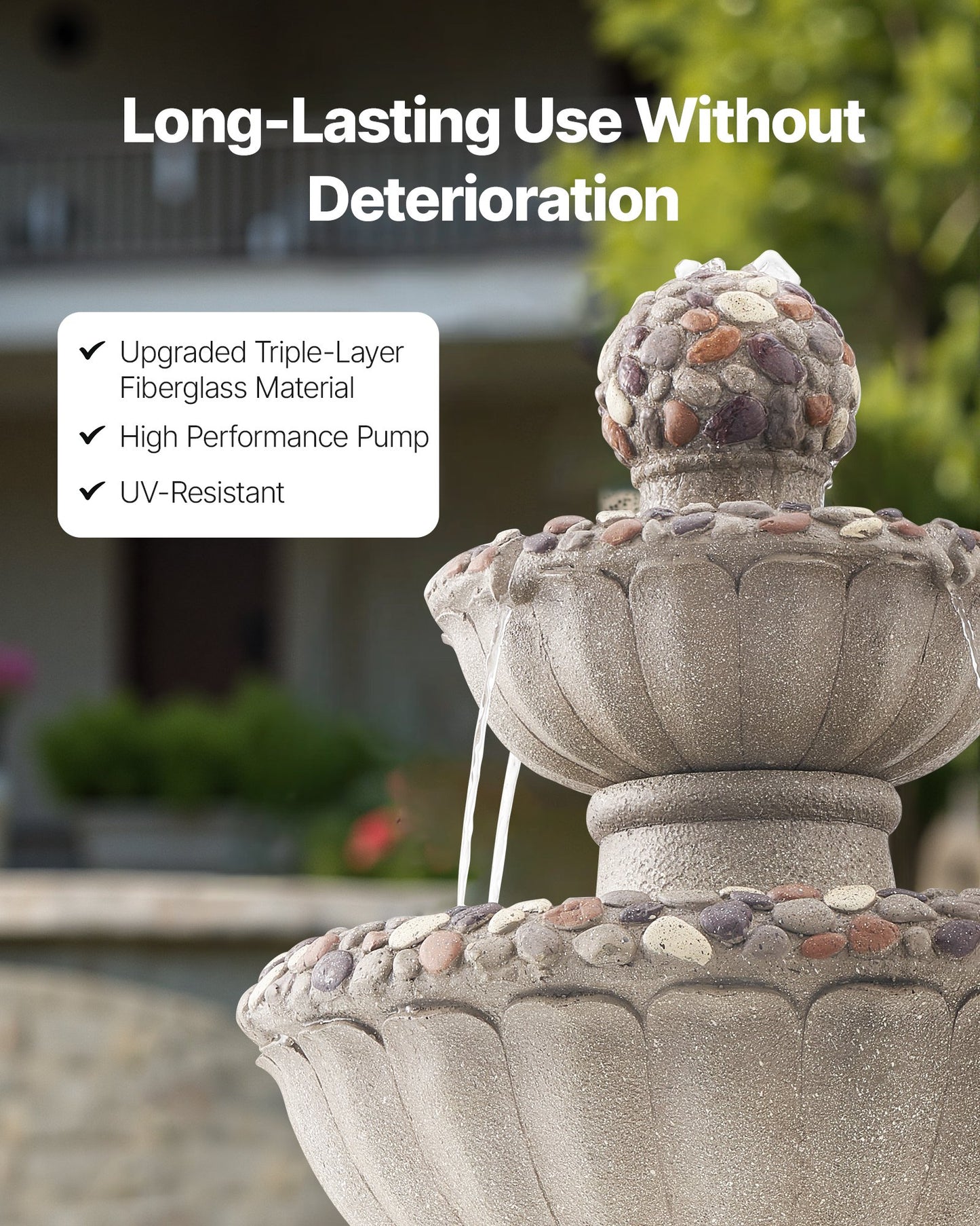 Outdoor Water Fountain, 36.5 in Height Fountain and Waterfall, 2-Tier Floor Standing Rock Base Style Fiberglass and Resin Fountains with Pump, for Outdoor Indoor Garden, Home, Patio & Backyard