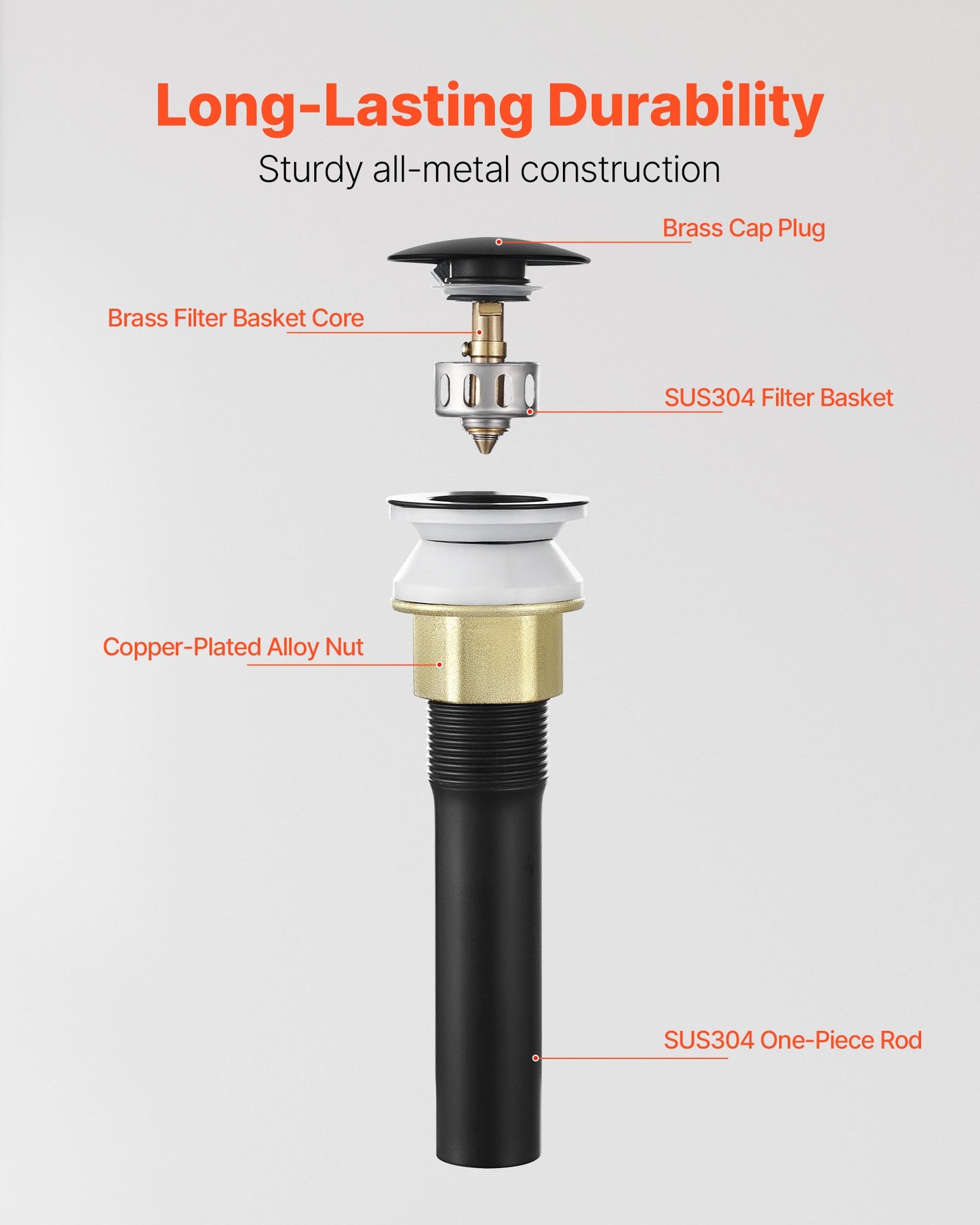 Bathroom Sink Drain with Overflow, Brass and 304 Stainless Steel Pop Up Drains, Anti-Clogging Vessel Sink Drain Strainer, All Metal Hair Catcher Drains Stopper, for Sinks with Overflow Holes