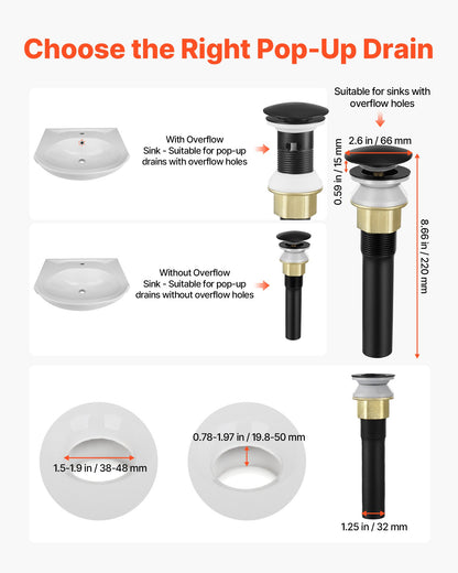 Bathroom Sink Drain with Overflow, Brass and 304 Stainless Steel Pop Up Drains, Anti-Clogging Vessel Sink Drain Strainer, All Metal Hair Catcher Drains Stopper, for Sinks with Overflow Holes