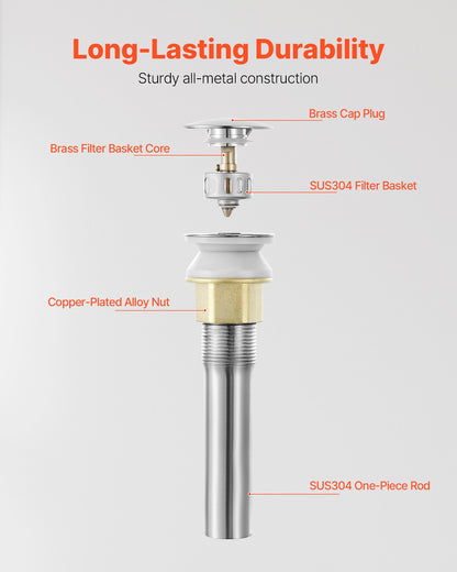 Bathroom Sink Drain Without Overflow, Brass and 304 Stainless Steel Pop Up Drains, Anti-Clogging Vessel Drain Strainer, All Metal Hair Catcher Drains Stopper, for Sinks Without Overflow Holes