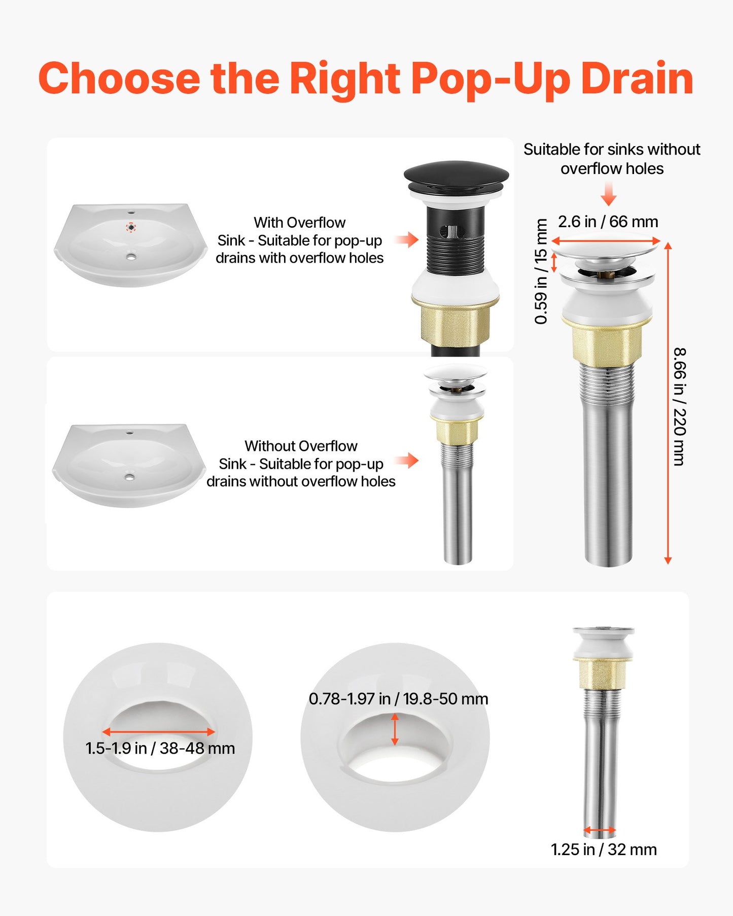 Bathroom Sink Drain Without Overflow, Brass and 304 Stainless Steel Pop Up Drains, Anti-Clogging Vessel Drain Strainer, All Metal Hair Catcher Drains Stopper, for Sinks Without Overflow Holes