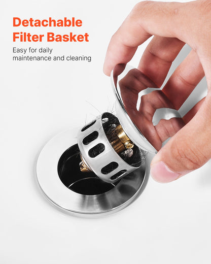 Bathroom Sink Drain Without Overflow, Brass and 304 Stainless Steel Pop Up Drains, Anti-Clogging Vessel Drain Strainer, All Metal Hair Catcher Drains Stopper, for Sinks Without Overflow Holes