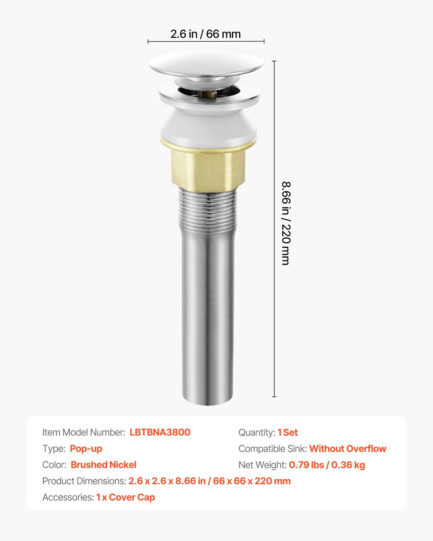 Bathroom Sink Drain Without Overflow, Brass and 304 Stainless Steel Pop Up Drains, Anti-Clogging Vessel Drain Strainer, All Metal Hair Catcher Drains Stopper, for Sinks Without Overflow Holes