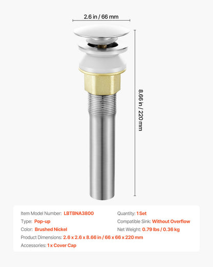 Bathroom Sink Drain Without Overflow, Brass and 304 Stainless Steel Pop Up Drains, Anti-Clogging Vessel Drain Strainer, All Metal Hair Catcher Drains Stopper, for Sinks Without Overflow Holes