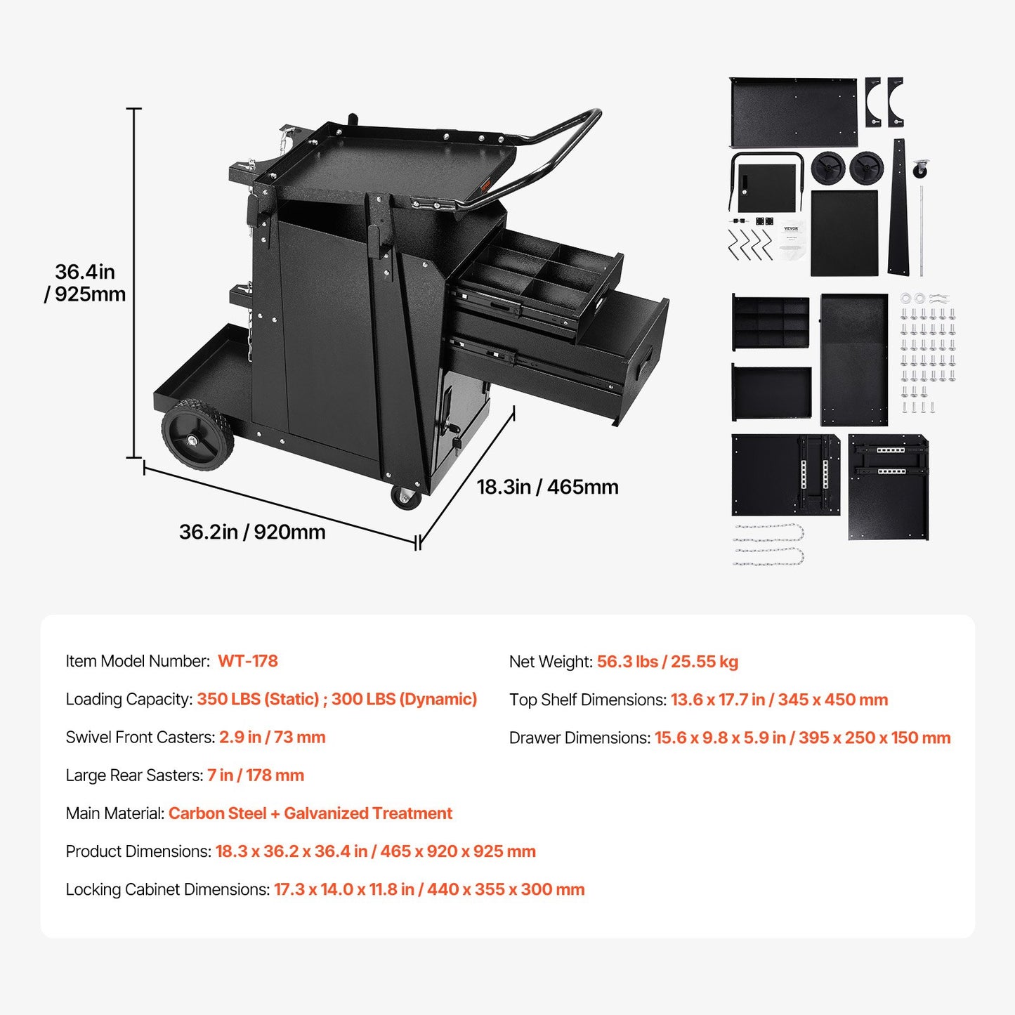 Schweißwagen, 2 Schubladen, Schweißwagen, robust, mit abschließbarem Schrank, 350 Pfund