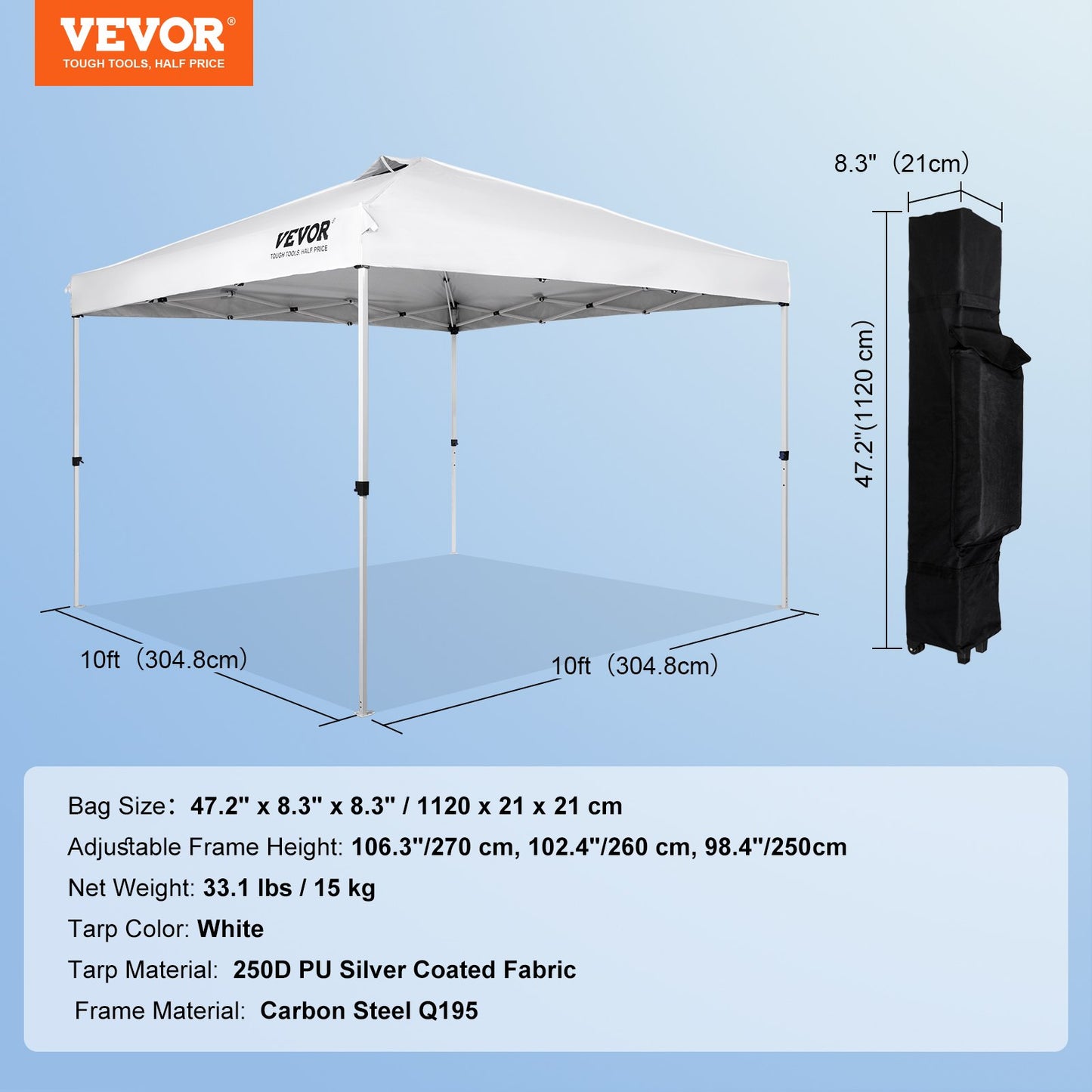 Pop Up Canopy Tent, 10 x 10 ft, 250 D PU Silver Coated Tarp, with Portable Roller Bag and 4 Sandbags, Waterproof and Sun Shelter Gazebo for Outdoor Party, Camping, Commercial Events, White