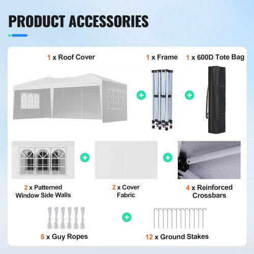 Pop-Up-Dach 3 x 6 Meter Pop-Up-Pavillonzelt mit 3 Seitenwänden und 2 Fenstern
