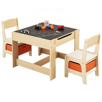 Kids Table and 2 Chairs Set, Toddler Table and Chair Set with Storage Space under the Table, Cloth Storage Box under the Chairs, Wooden Desk for Art, Craft, Reading, Learning, Drawing, Burlywood