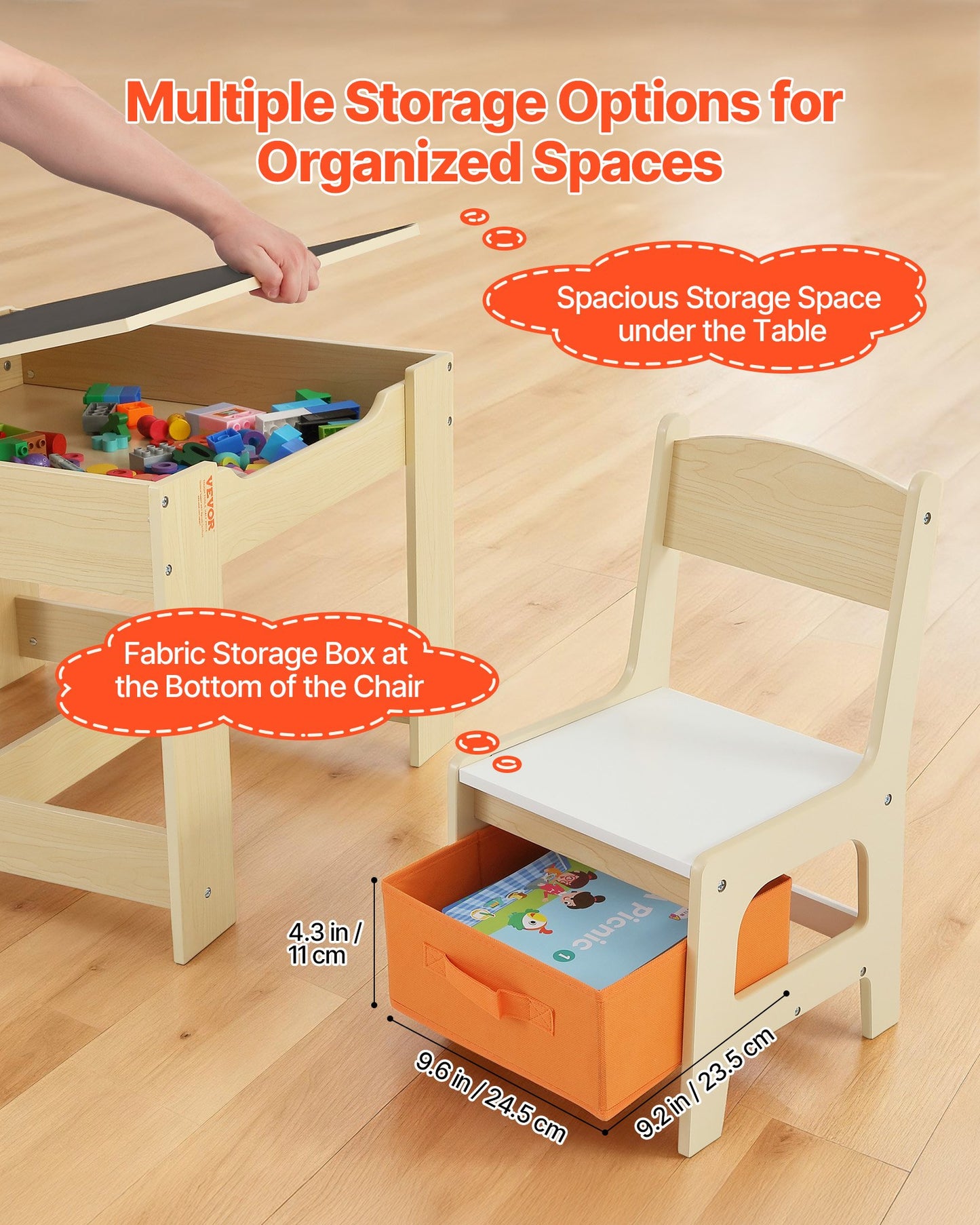 Kids Table and 2 Chairs Set, Toddler Table and Chair Set with Storage Space under the Table, Cloth Storage Box under the Chairs, Wooden Desk for Art, Craft, Reading, Learning, Drawing, Burlywood
