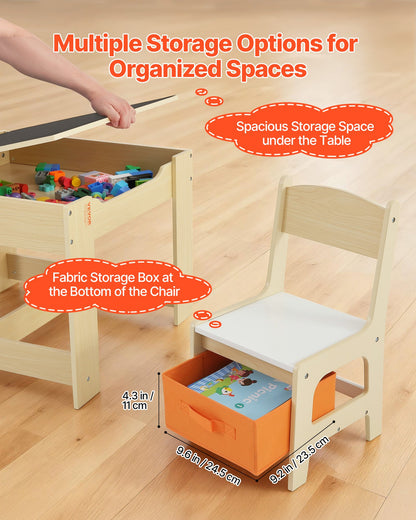 Kids Table and 2 Chairs Set, Toddler Table and Chair Set with Storage Space under the Table, Cloth Storage Box under the Chairs, Wooden Desk for Art, Craft, Reading, Learning, Drawing, Burlywood