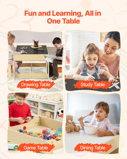 Kids Table and 2 Chairs Set, Toddler Table and Chair Set with Storage Space under the Table, Cloth Storage Box under the Chairs, Wooden Desk for Art, Craft, Reading, Learning, Drawing, Burlywood