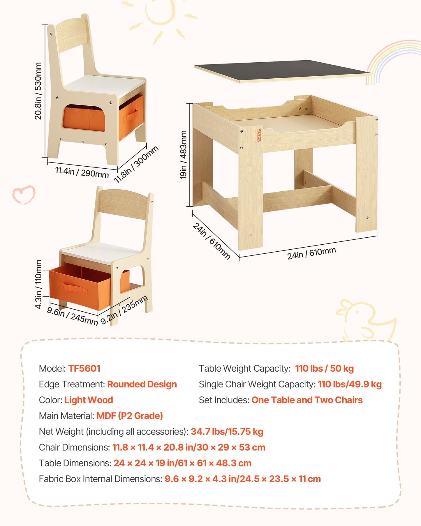 Kids Table and 2 Chairs Set, Toddler Table and Chair Set with Storage Space under the Table, Cloth Storage Box under the Chairs, Wooden Desk for Art, Craft, Reading, Learning, Drawing, Burlywood