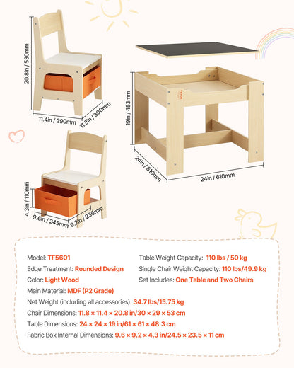 Kids Table and 2 Chairs Set, Toddler Table and Chair Set with Storage Space under the Table, Cloth Storage Box under the Chairs, Wooden Desk for Art, Craft, Reading, Learning, Drawing, Burlywood
