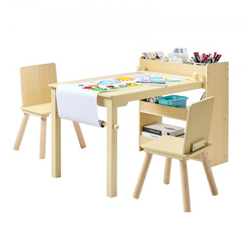 Kids Art Table and Chair Set, Toddler Craft Table with 3 Tiers Storage Cabinet, Wooden Kids Activity Play Desk with 2 Chairs, Craft Play Desk for Reading, Learning, Drawing, Writing, Light Wood