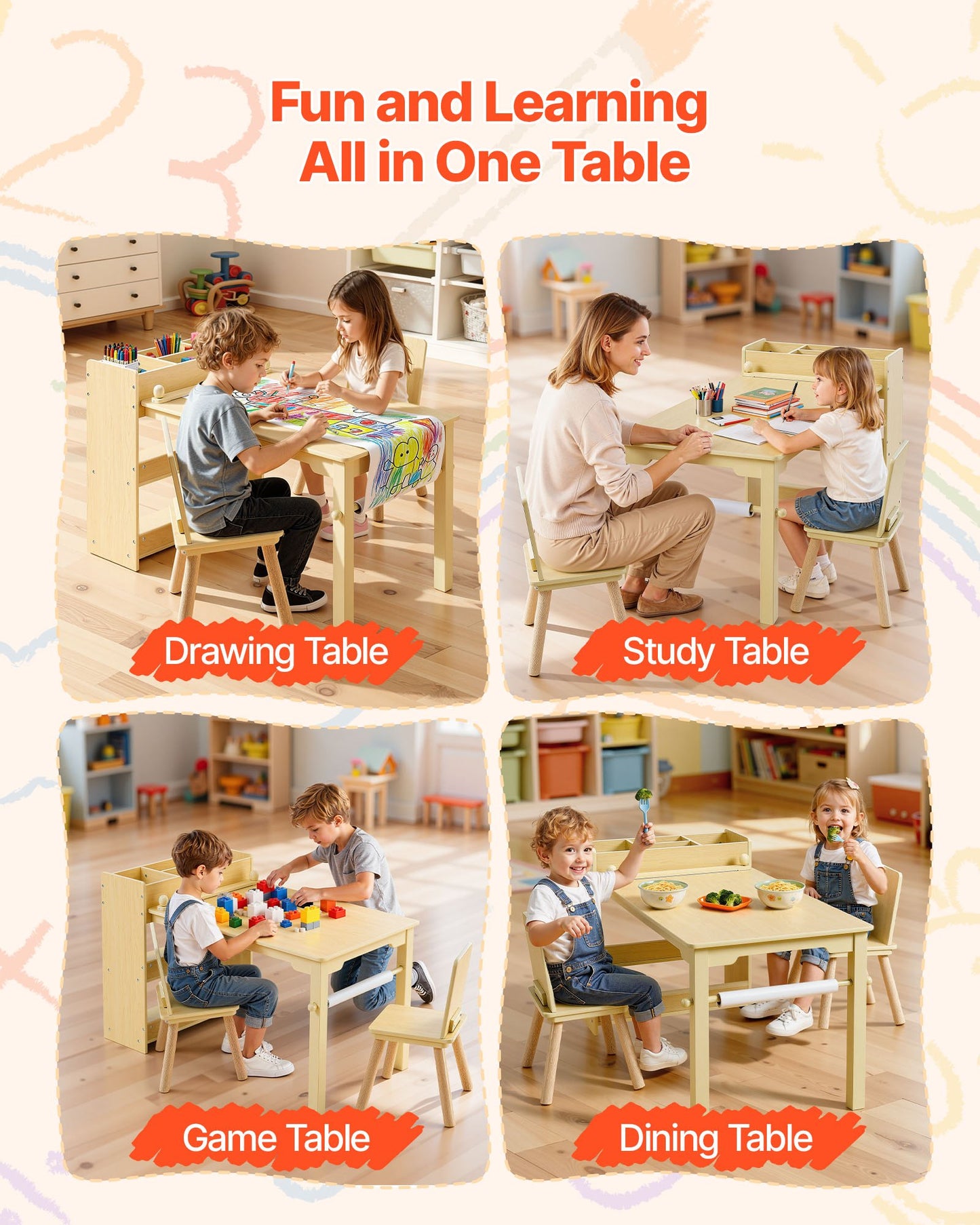 Kids Art Table and Chair Set, Toddler Craft Table with 3 Tiers Storage Cabinet, Wooden Kids Activity Play Desk with 2 Chairs, Craft Play Desk for Reading, Learning, Drawing, Writing, Light Wood