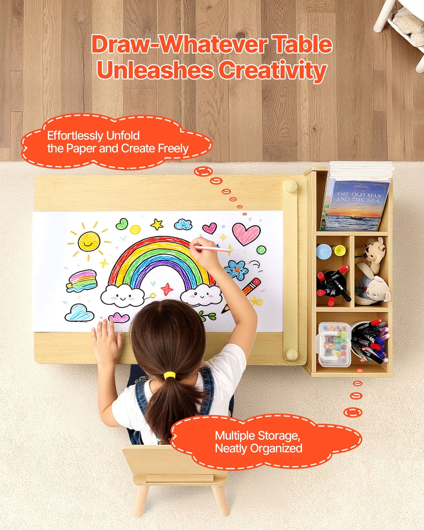 Kids Art Table and Chair Set, Toddler Craft Table with 3 Tiers Storage Cabinet, Wooden Kids Activity Play Desk with 2 Chairs, Craft Play Desk for Reading, Learning, Drawing, Writing, Light Wood