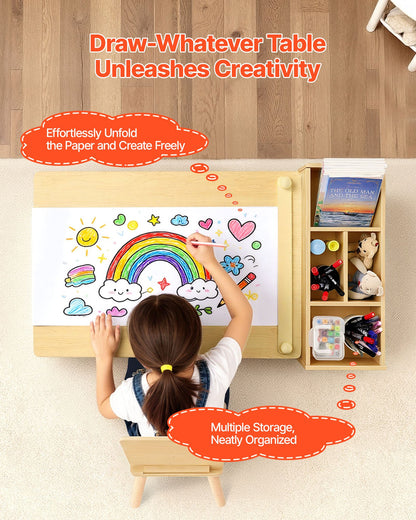 Kids Art Table and Chair Set, Toddler Craft Table with 3 Tiers Storage Cabinet, Wooden Kids Activity Play Desk with 2 Chairs, Craft Play Desk for Reading, Learning, Drawing, Writing, Light Wood