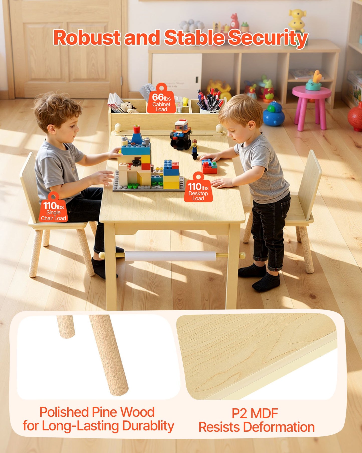 Kids Art Table and Chair Set, Toddler Craft Table with 3 Tiers Storage Cabinet, Wooden Kids Activity Play Desk with 2 Chairs, Craft Play Desk for Reading, Learning, Drawing, Writing, Light Wood