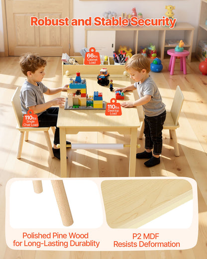 Kids Art Table and Chair Set, Toddler Craft Table with 3 Tiers Storage Cabinet, Wooden Kids Activity Play Desk with 2 Chairs, Craft Play Desk for Reading, Learning, Drawing, Writing, Light Wood