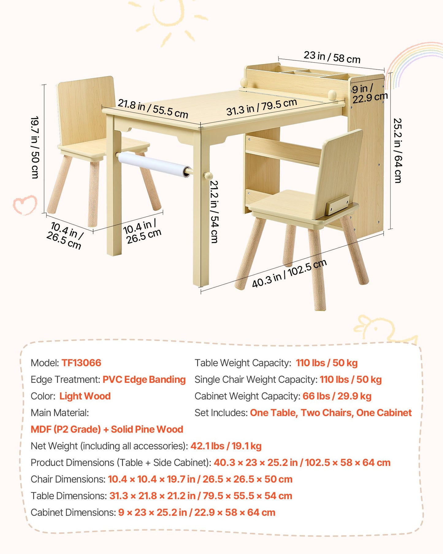 Kids Art Table and Chair Set, Toddler Craft Table with 3 Tiers Storage Cabinet, Wooden Kids Activity Play Desk with 2 Chairs, Craft Play Desk for Reading, Learning, Drawing, Writing, Light Wood