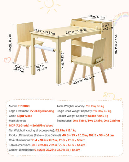 Kids Art Table and Chair Set, Toddler Craft Table with 3 Tiers Storage Cabinet, Wooden Kids Activity Play Desk with 2 Chairs, Craft Play Desk for Reading, Learning, Drawing, Writing, Light Wood