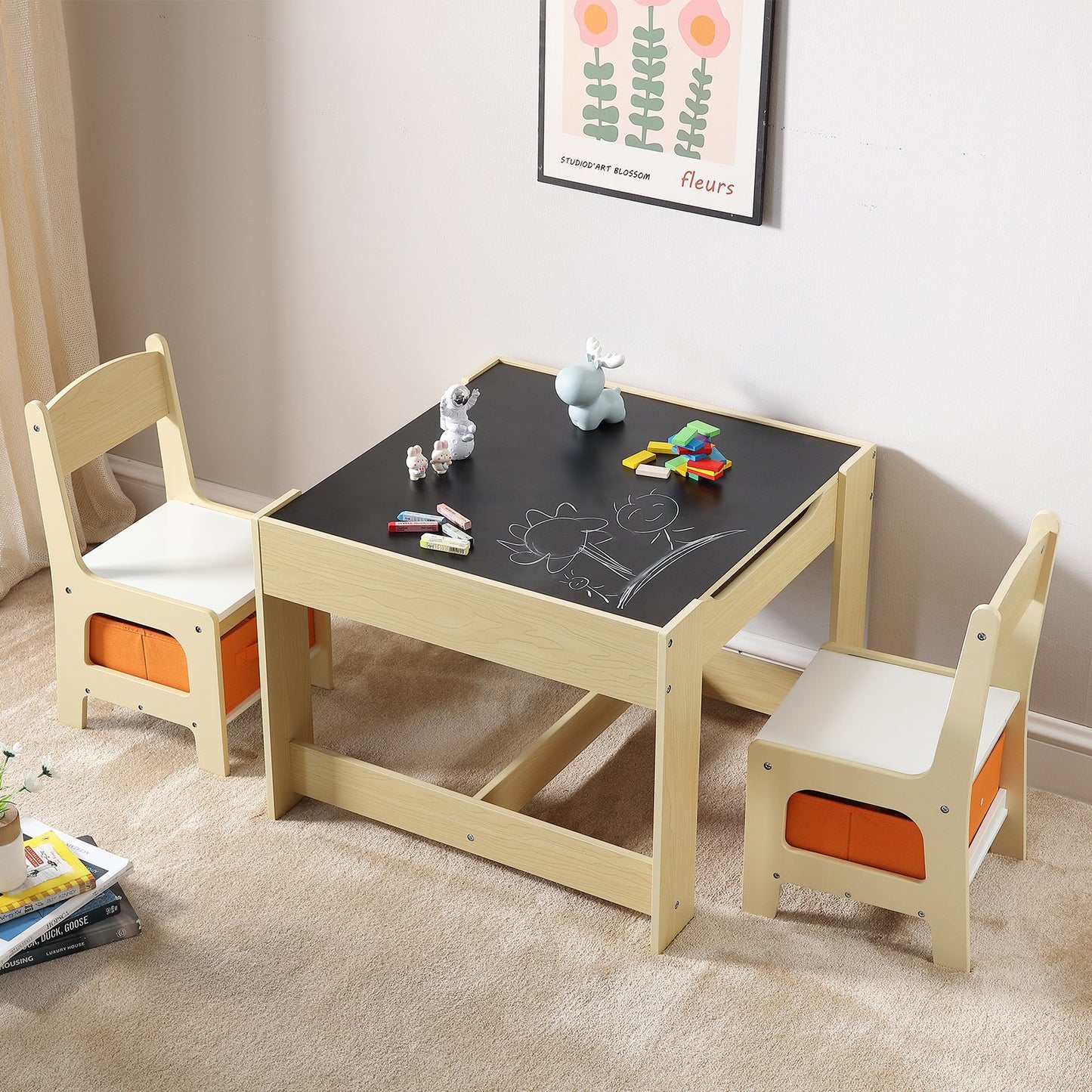 Kids Table and Chair Set, Wooden Activity Table with Storage Space and Boxes, Kids Play Table for Toddlers Art, Craft, Reading, Learning